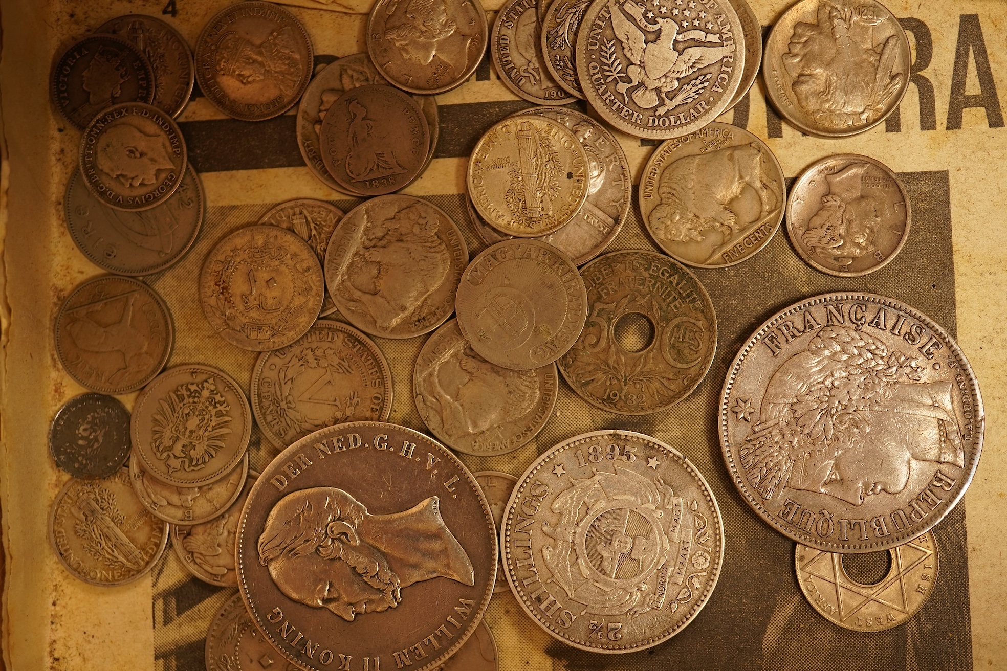 Assortment of silver coins to include a 5 Franc, 1851 and Queen Victoria four pence